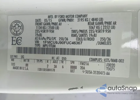 2015 Ford Escape Titanium from USA, damaged, VIN 1FMCU9J90FUC46367